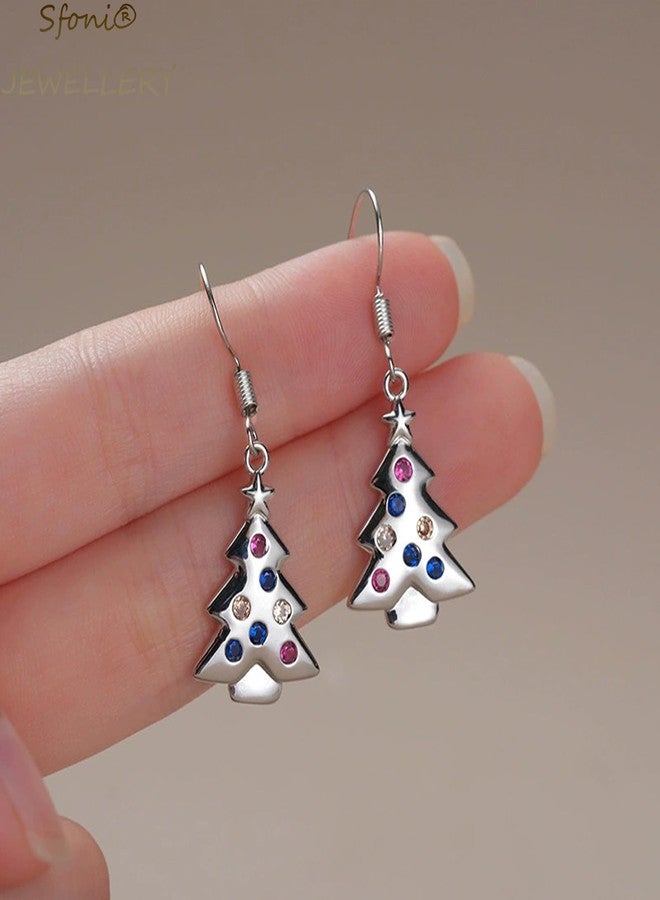 Sfoni Christmas Tree Earrings, Red Green Earrings Silver Sparkling Cubic Zirconia Dangle Earring 18K White Gold Colorful Rhinestone Xmas Earring Jewelry Gifts for Women Lady Girl with Gift Card & Box - Image 5